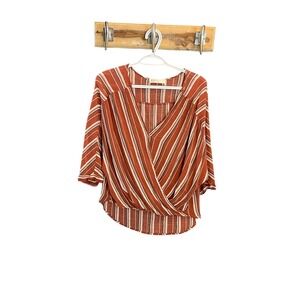 Simi Sue Women's Orange Stripe Wrap V Neck 3/4 Sleeve Blouse Top Size L